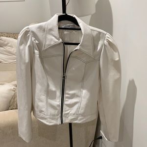 Puffed Sleeve White Leather Jacket
